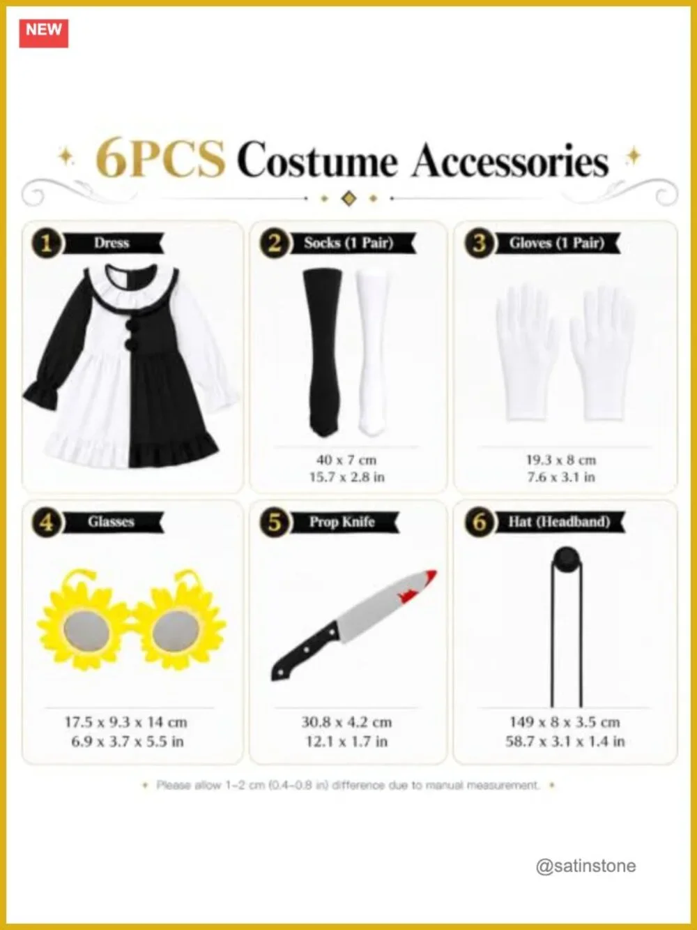 Girls Art Clown Costume Black White Halloween Dress 6-Piece Set